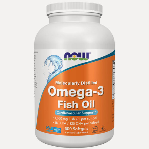 Изображение товара Омега 3, 2000мг NOW Omega-3, 500 мягких капсул, Рыбий жир, для сердца и сосудов, для мозга
