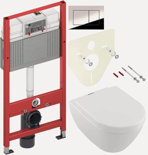 Изображение товара Комплект 3 в 1 Унитаз подвесной Villeroy & Boch Subway 2.0 5614A1R1 / Сиденье 9M68 S101, с микролифтом, петли хром / Инсталляция с кнопкой TECE Now 9400412 цвет хром
