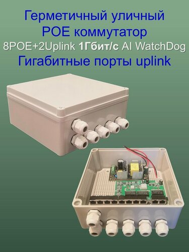Изображение товара Уличный POE(свитч) 8POE+2Uplink 1000 Мбит/с, WatchDog, Бюджет 120 Ватт, switch IC REALTEK