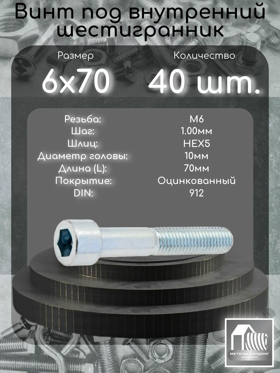 Винт М6х70 под внутренний шестигранник, DIN912 оцинкованный, 40 шт.