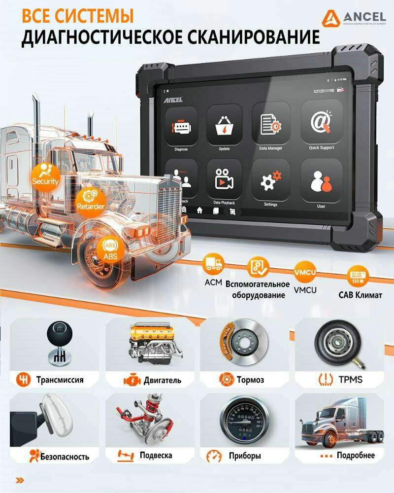ANCEL X7HD для грузовых автомобилей автосканер obd2 сканер 24В 12В — фото 1