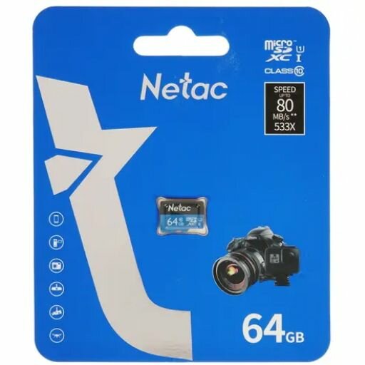 Карта памяти Netac P500 MicroSDXC 64Gb Class 10 UHS-I 80MB/s (NT02P500STN-064G-S)