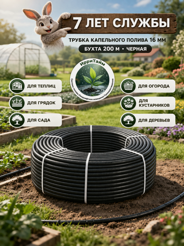 Изображение товара Трубка для капельного полива 16 мм (шаг 20 см) 1 мм/2,0 л/ч черная (200 м)бухта