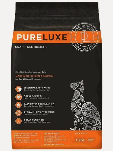 Изображение товара Сухой беззерновой корм PureLuxe Пурлюкс для длинношерcтных кошек с курицей и лососем 1,5 кг