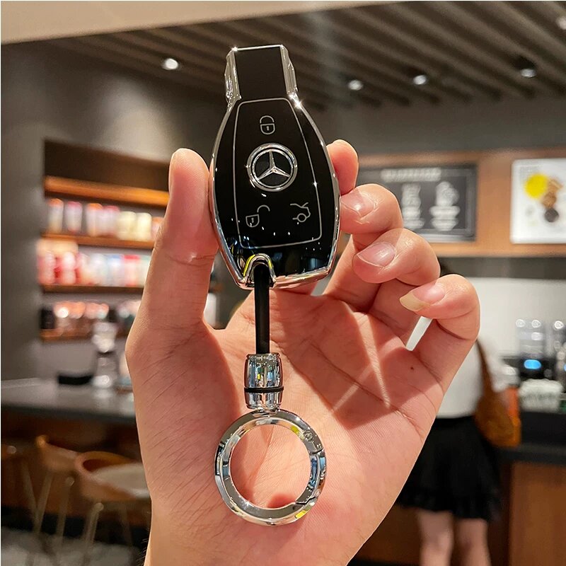 Чехол для ключей Mercedes-Benz для моделей E-класса, C-класса, S-класса, A-класса, GLC — классический черный с круглой