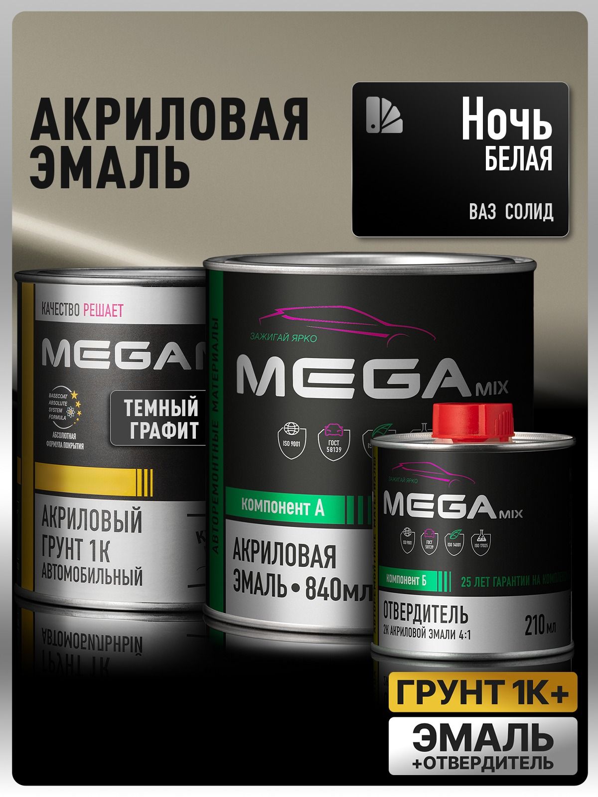 Комплект Акриловая краска автомобильная 2К , Белая ночь, 840 мл + Отвердитель 2K 210 мл + Грунт акриловый 1К , темный графит, 800 г