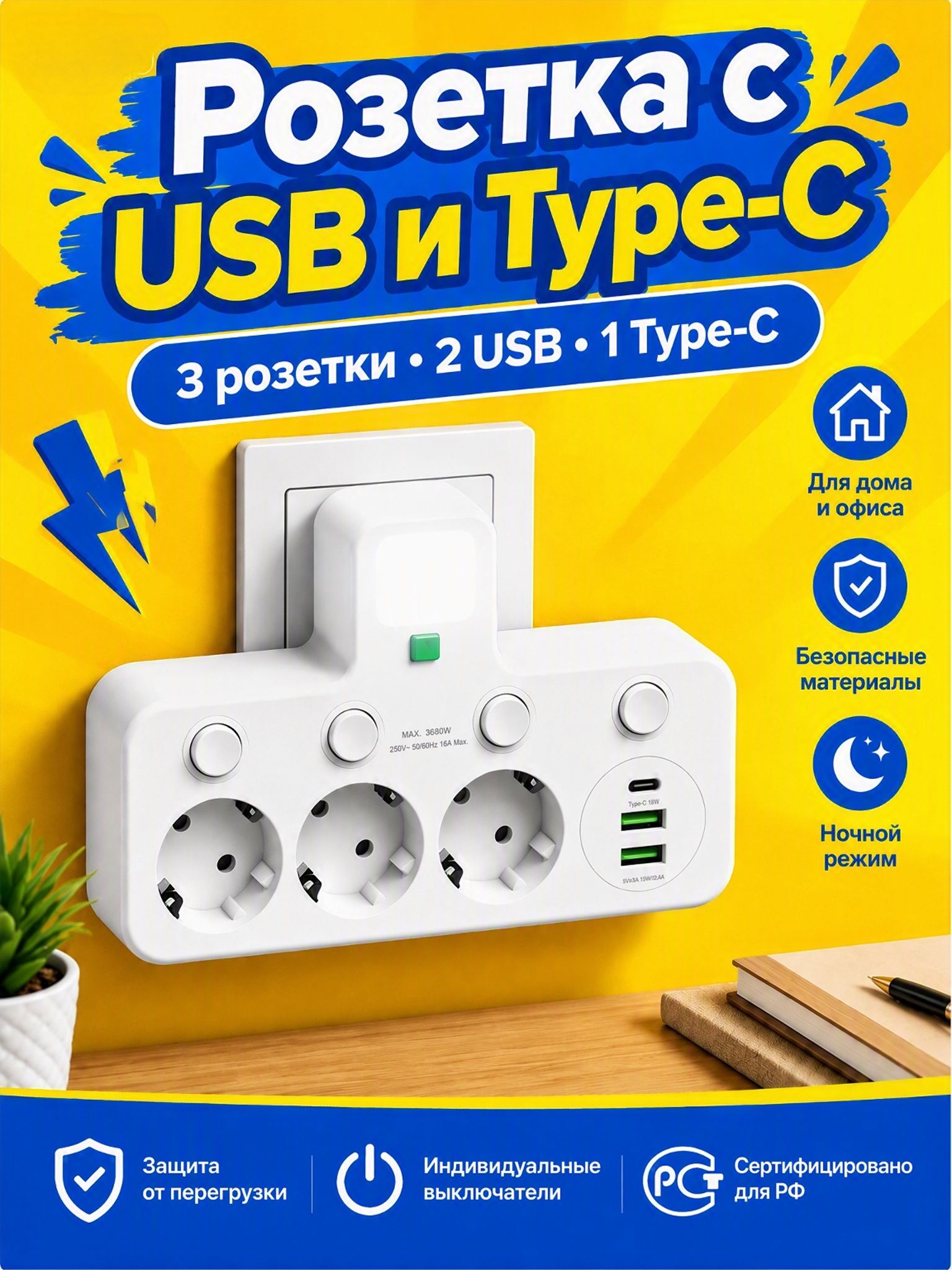 DAPA Тройник розетка с USB и Type-C, 3 розетки, индивидуальные выключатели, ночной режим, утолщенная медная жила, защита от перегрузки, огнестойкий корпус