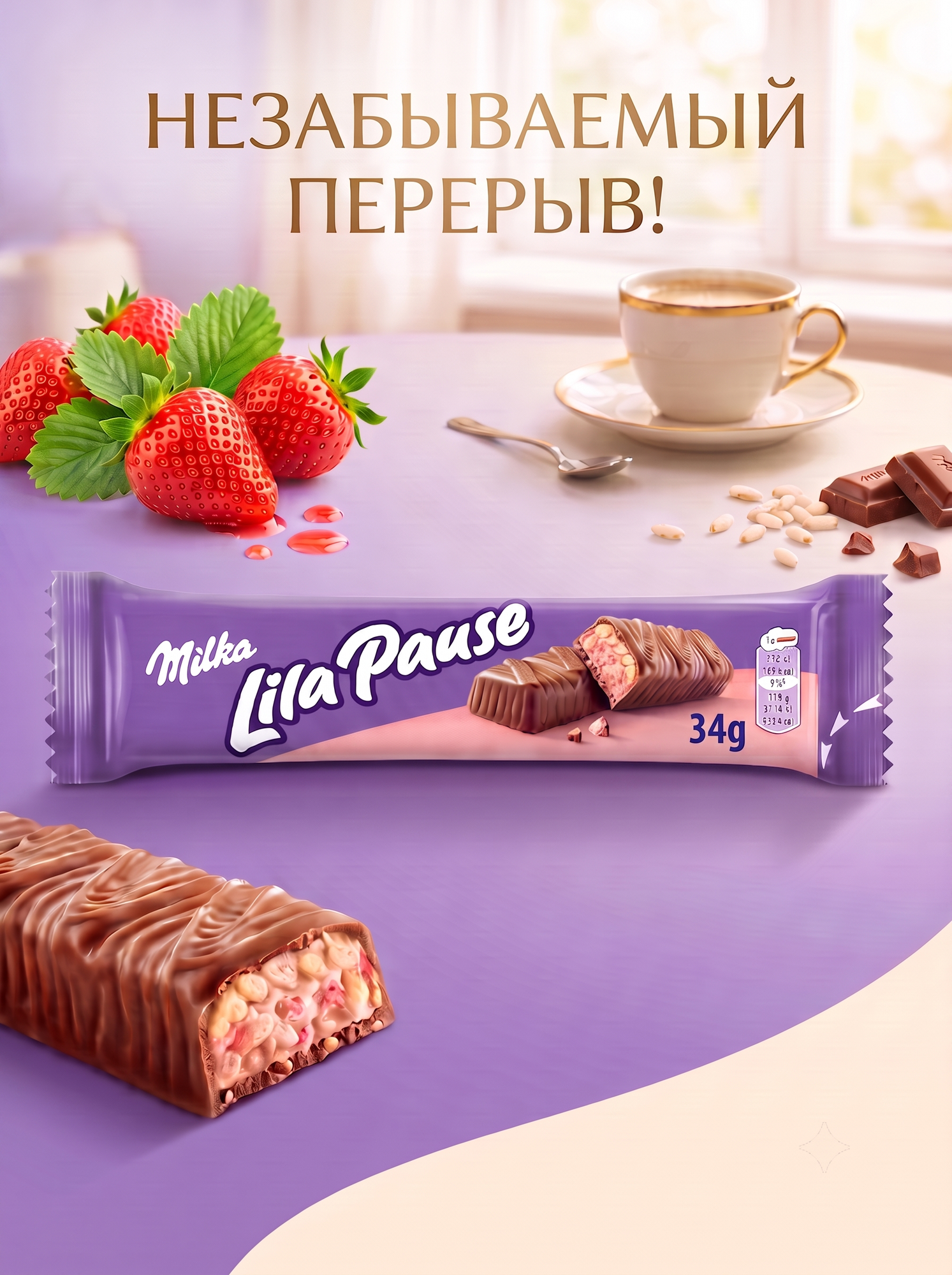 Milka Шоколадный Батончик Lila Pause с начинкой воздушно рисовых шариков и клубничного крема 34г (Польша)