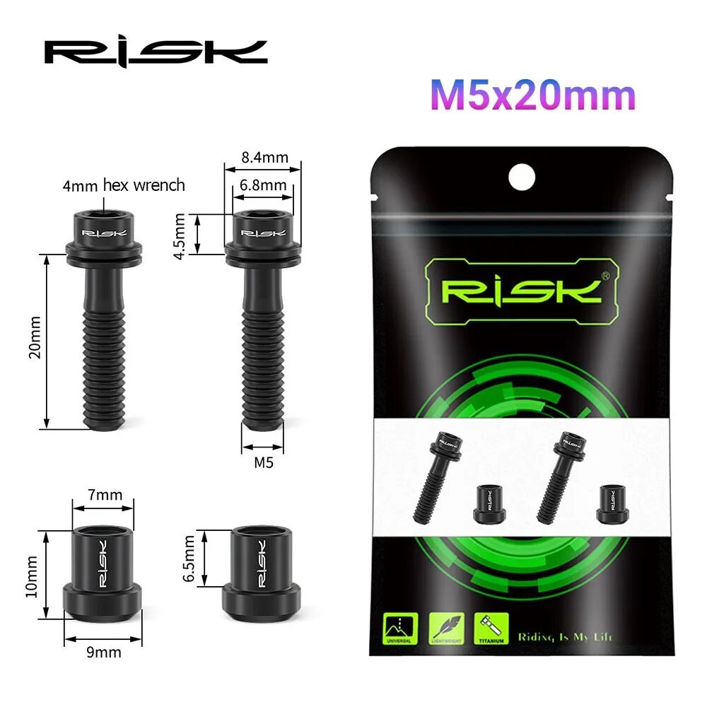 RISK Болты M5x20mm для выноса руля велосипеда, 4 шт, титановый сплав, черный