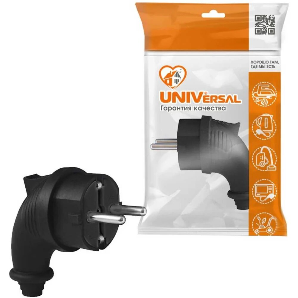 Вилка UNIVersal Schuko 1241, каучук, угловая, заземление, черная — фото 1