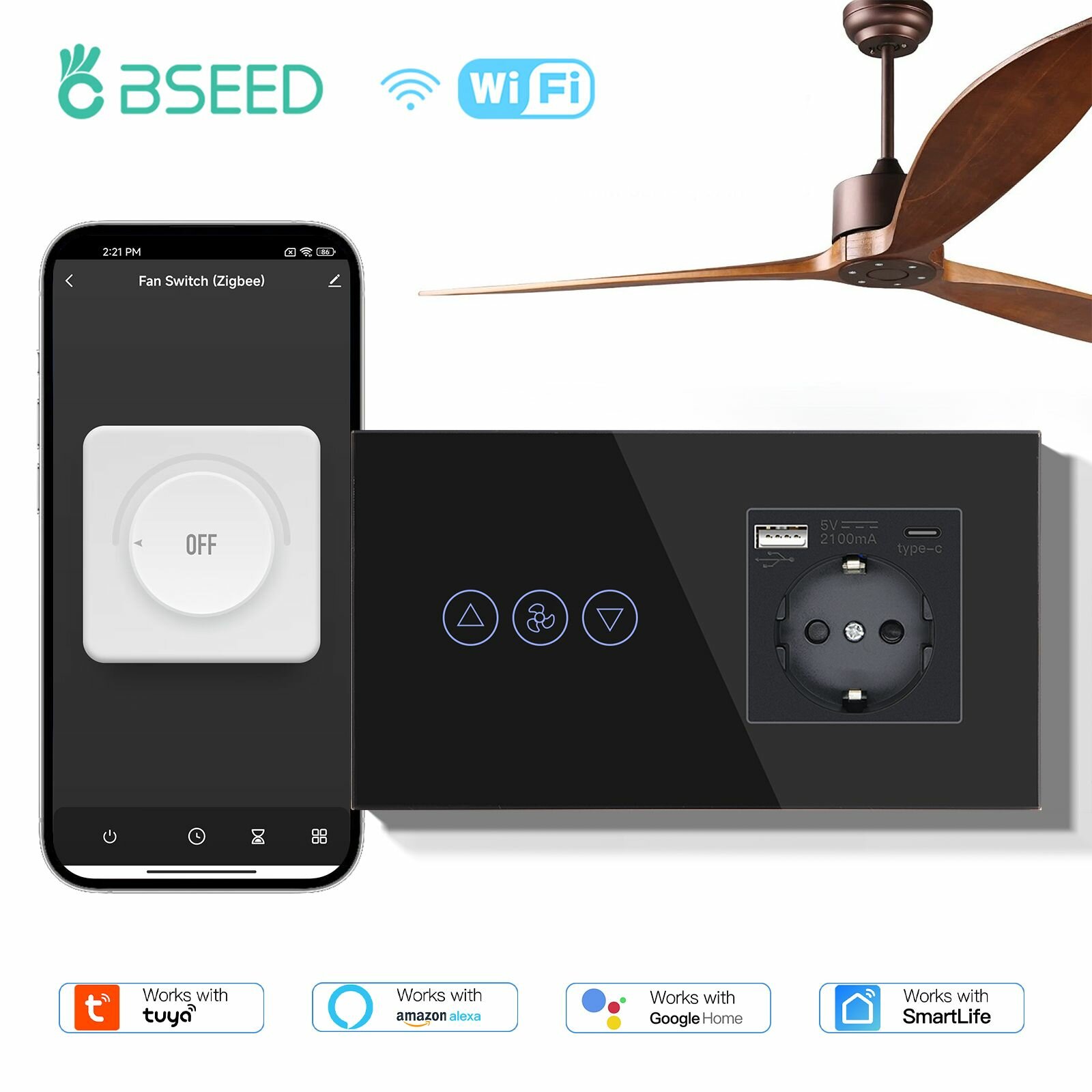 Регулятор скорости вентилятора с розеткой с USB и TYPE-C WIFI 300W