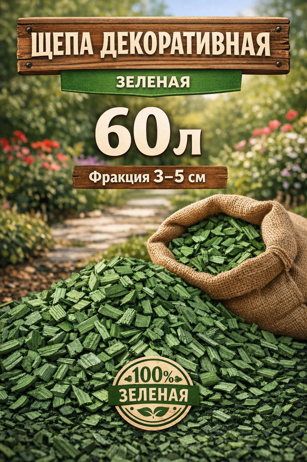 Щепа декоративная Зелёная 60 л фракция 3-5