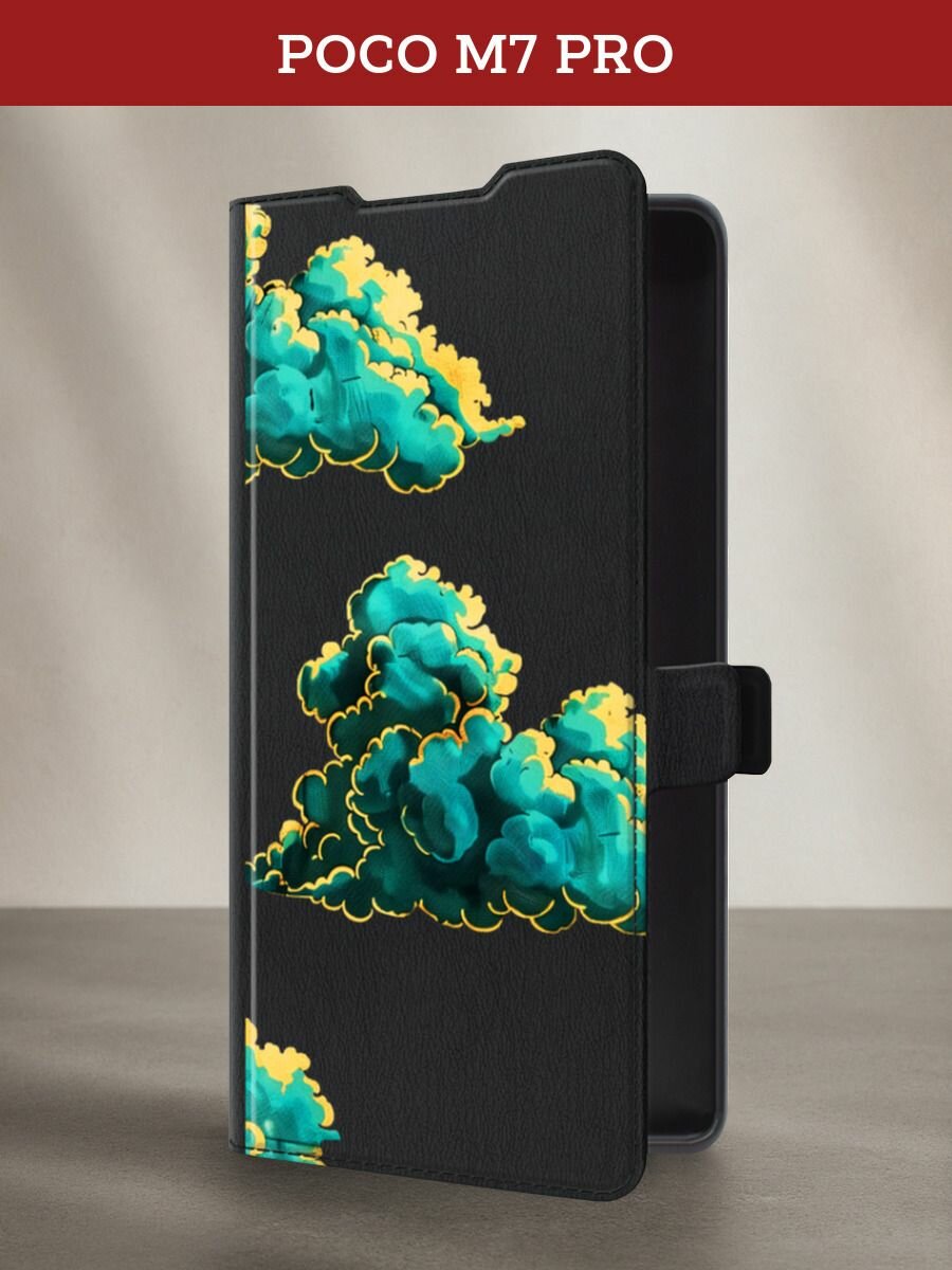 Чехол-книжка на Poco M7 Pro / Поко М7 Про с принтом Звезды с облаками, черный
