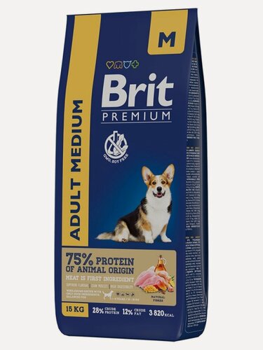 Изображение товара Корм для взрослых собак средних пород Brit Premium Adult Medium с курицей 15 кг