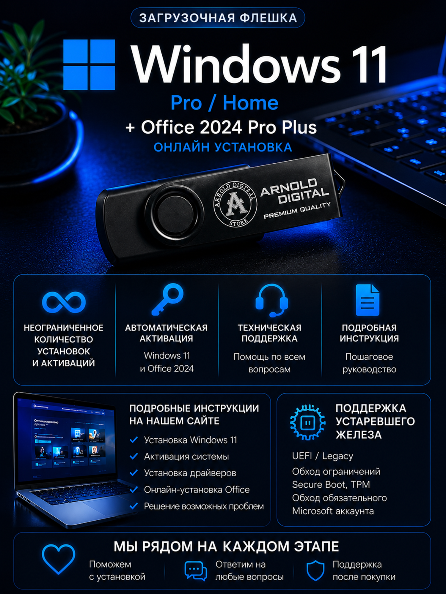 Загрузочная флешка Windows 11 + Office 2024 Pro Plus с бессрочной активацией и обходом ограничений