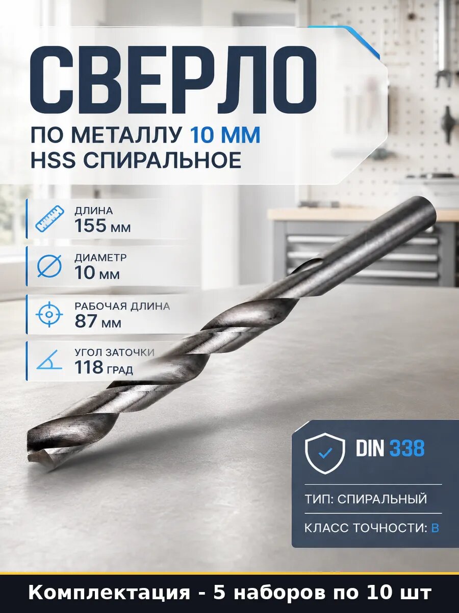 Сверло по металлу 10 мм HSS спиральное набор 10 штук