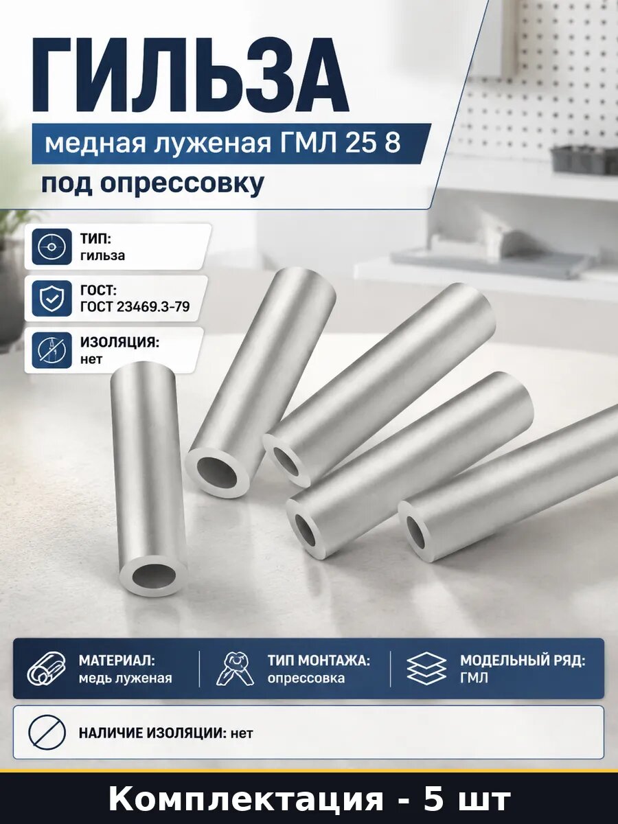 Гильза медная луженая ГМЛ 25 8 под опрессовку 5 штук