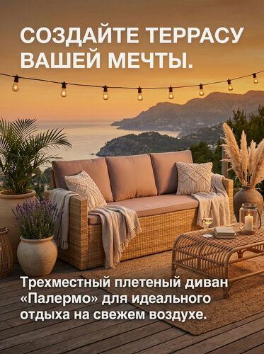 Изображение товара Трехместный уличный диван из искусственного ротанга «Палермо» (пшеничный)