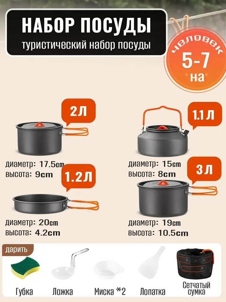 Набор посуды туристический походный для пикника, туризма, кемпинга на 5-7 персоны