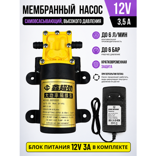 фото Насос поверхностный мембранный, с блоком питания, 12в, 36в, 0.36м3/ч