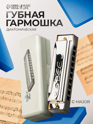 Изображение товара Губная гармошка, диатоническая, 10 отверстий, c-major, с футляром, серебристая