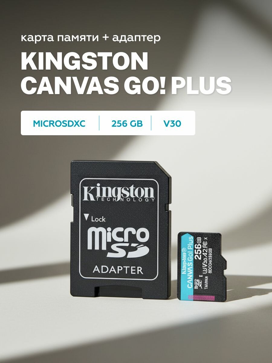 Карта памяти Kingston MicroSDXC 256GB Canvas Go! Plus G4 UHS-I U3 V30 A2, с SD-адаптером