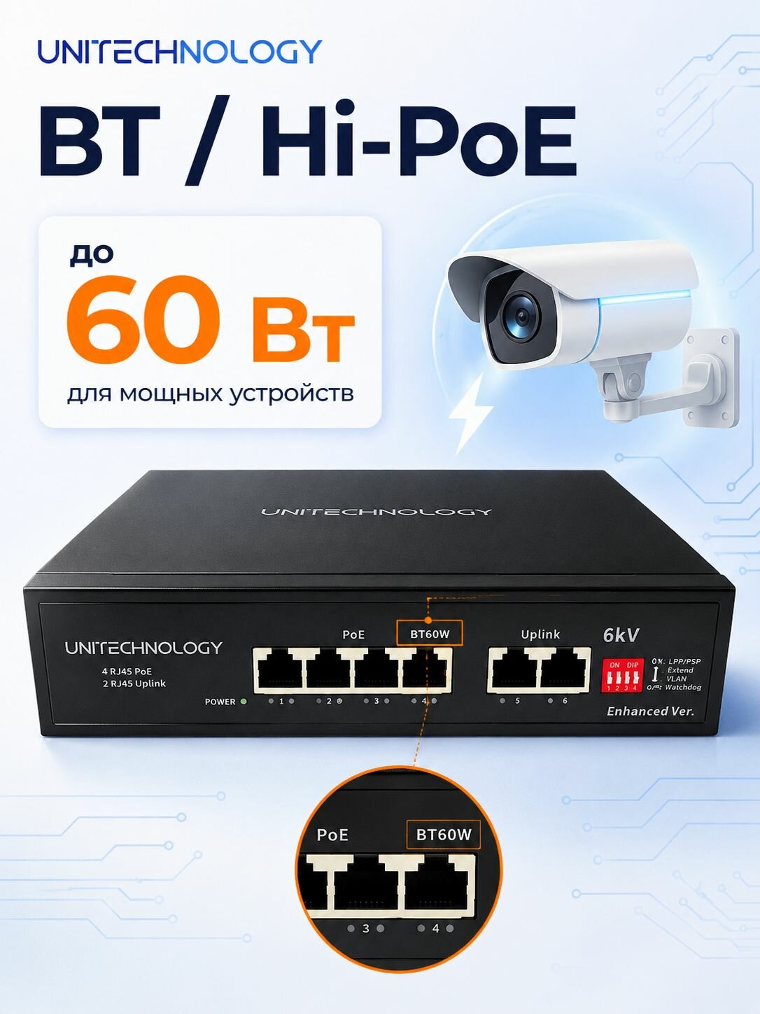 PoE-коммутатор PRO для IP-камер UNITECHNOLOGY UT-SOF1006P-65W-PRO, 6 портов, 4 PoE 100 Мбит/с, 65 Вт, AI Watchdog, Extend 250 м — фото 1