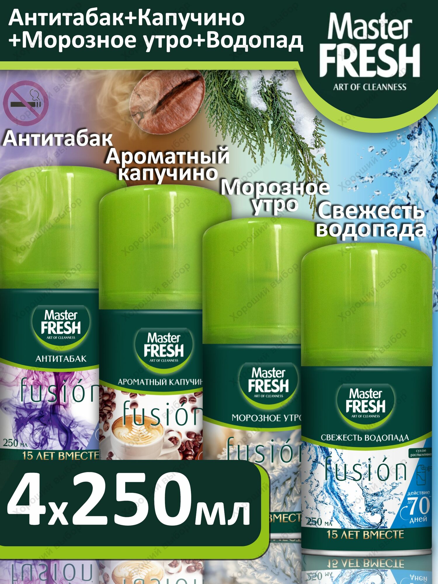 Master Fresh Набор 4 шт сменный освежитель воздуха Антитабак+Ароматный капучино+Свежесть водопада+Морозное утро, 4х250 мл