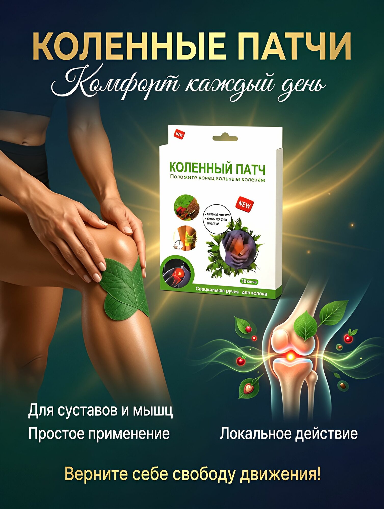 Коленные патчи обезболивающие / Пластыри для суставов и мышц / Охлаждающие патчи для колена, 10 шт