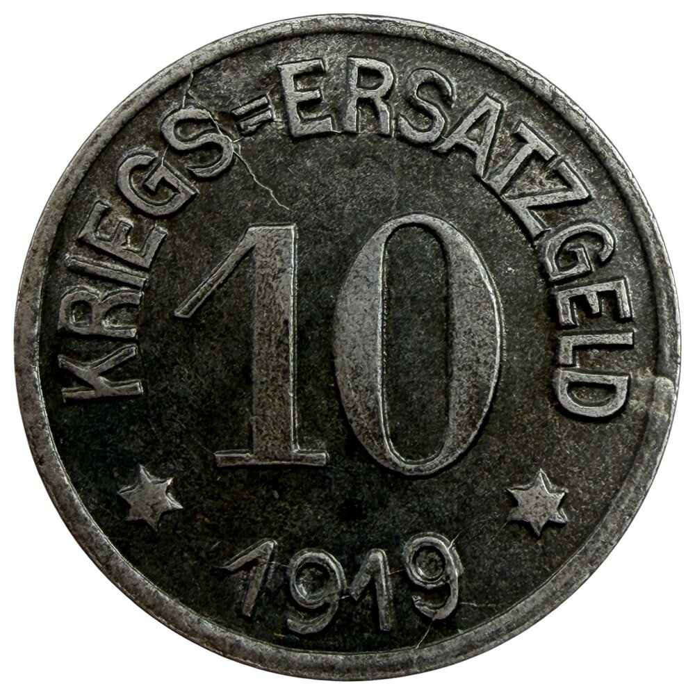 Германия, Веймарская республика, Крефельд 10 пфеннигов 1919 г. (Fe) (Без отверстия)