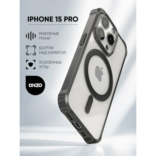 фото Противоударный чехол на iphone 15 pro с мэгсэйф / бампер на айфон 15 про прозрачный с черными рамками onzo