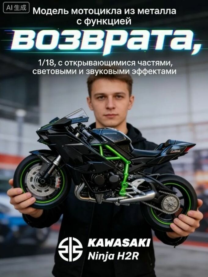 Модель мотоцикла kawasaki, Металлическая модель Kawasaki H2R1:18, 18 см. Коллекция игрушек и игровых подарков для