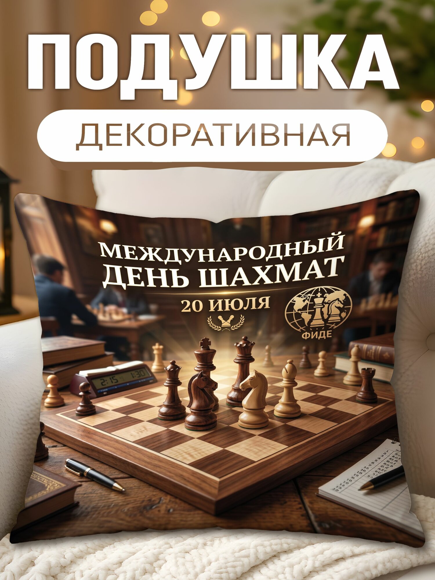 Подушка декоративная Международный день шахмат, размеры 40 х 40 см, 1 шт.