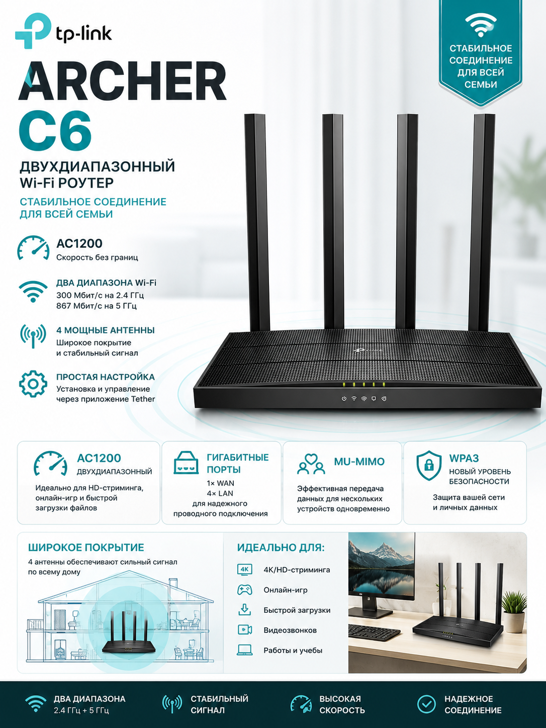 Роутер TP-Link Archer C6, AC1200, Dual Band, гигабитные порты, 4 антенны