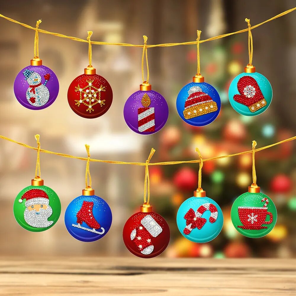 Алмазная мозаика набор 10 круглых новогодних подвесок, полный комплект DIY, семейное творчество, декор и подарок на праздник, детское искусство