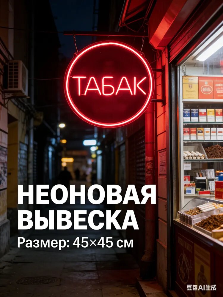 Неоновая круглая вывеска "Табак" WOW Neon 45х45CM