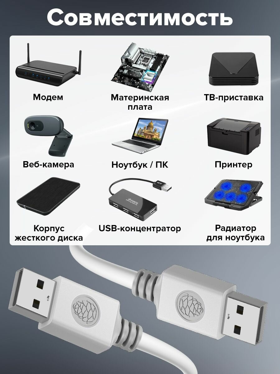 Кабель 1 метр AM / AM медный USB 2.0 GCR 480 Мбит/с шнур для подключения компьютера ноутбука белый