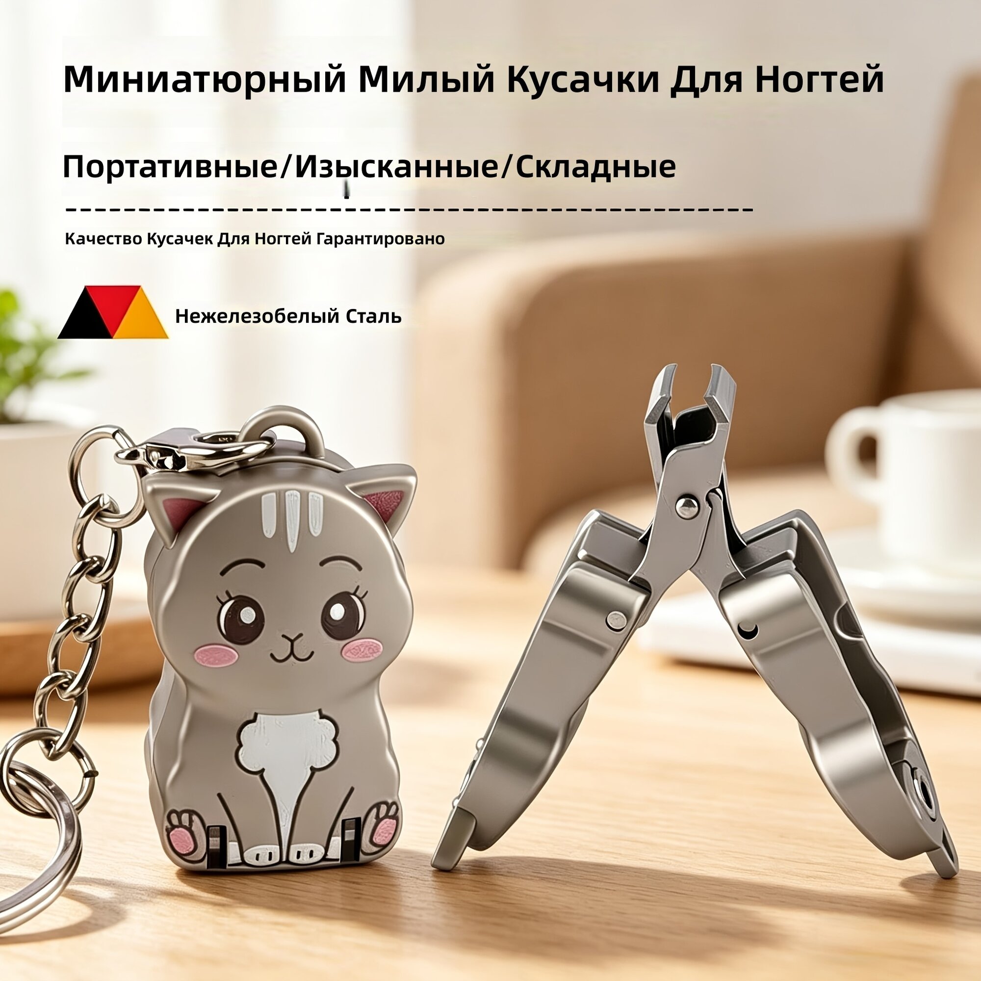 Складные кусачки для ногтей с рисунком котенка, портативные мини-кусачки на брелоке, комплект из 2 шт, цвет шампань