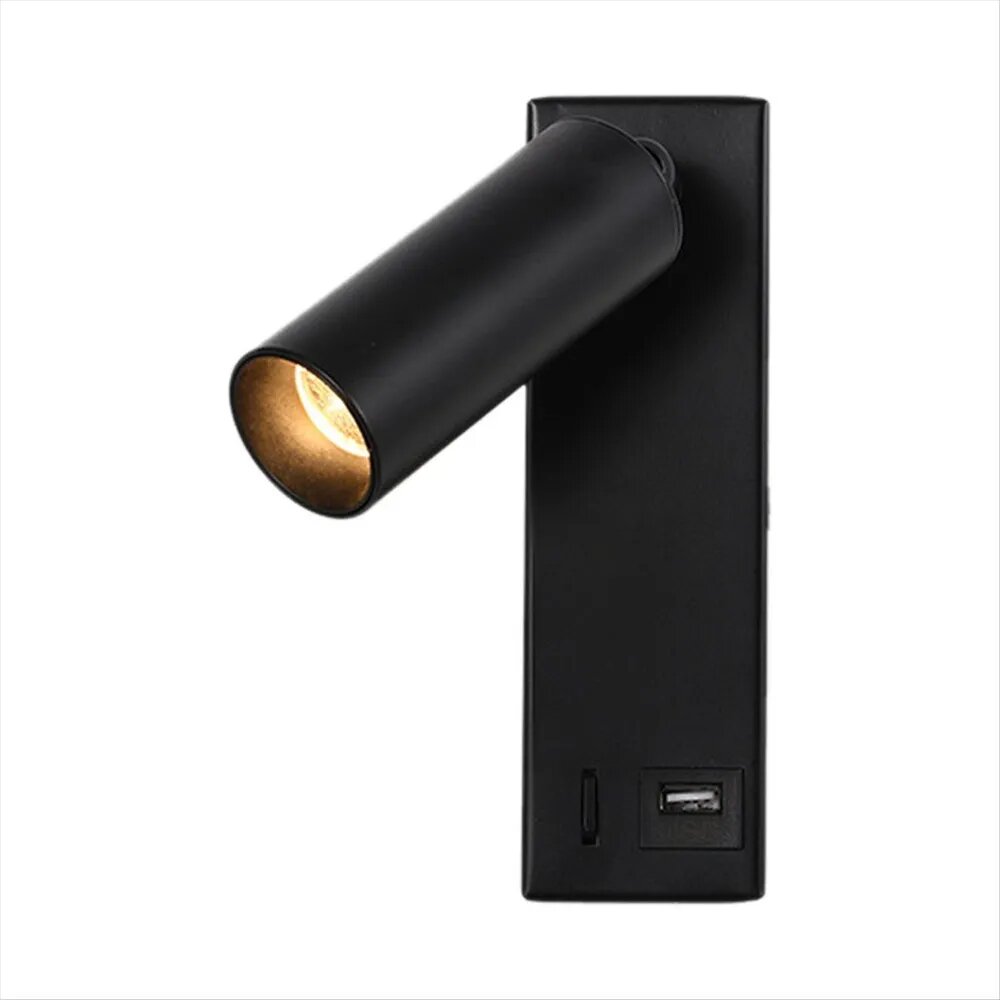 Настенное бра 3 Вт, черный металл, поворотный плафон с USB-портом, освещение, минимализ