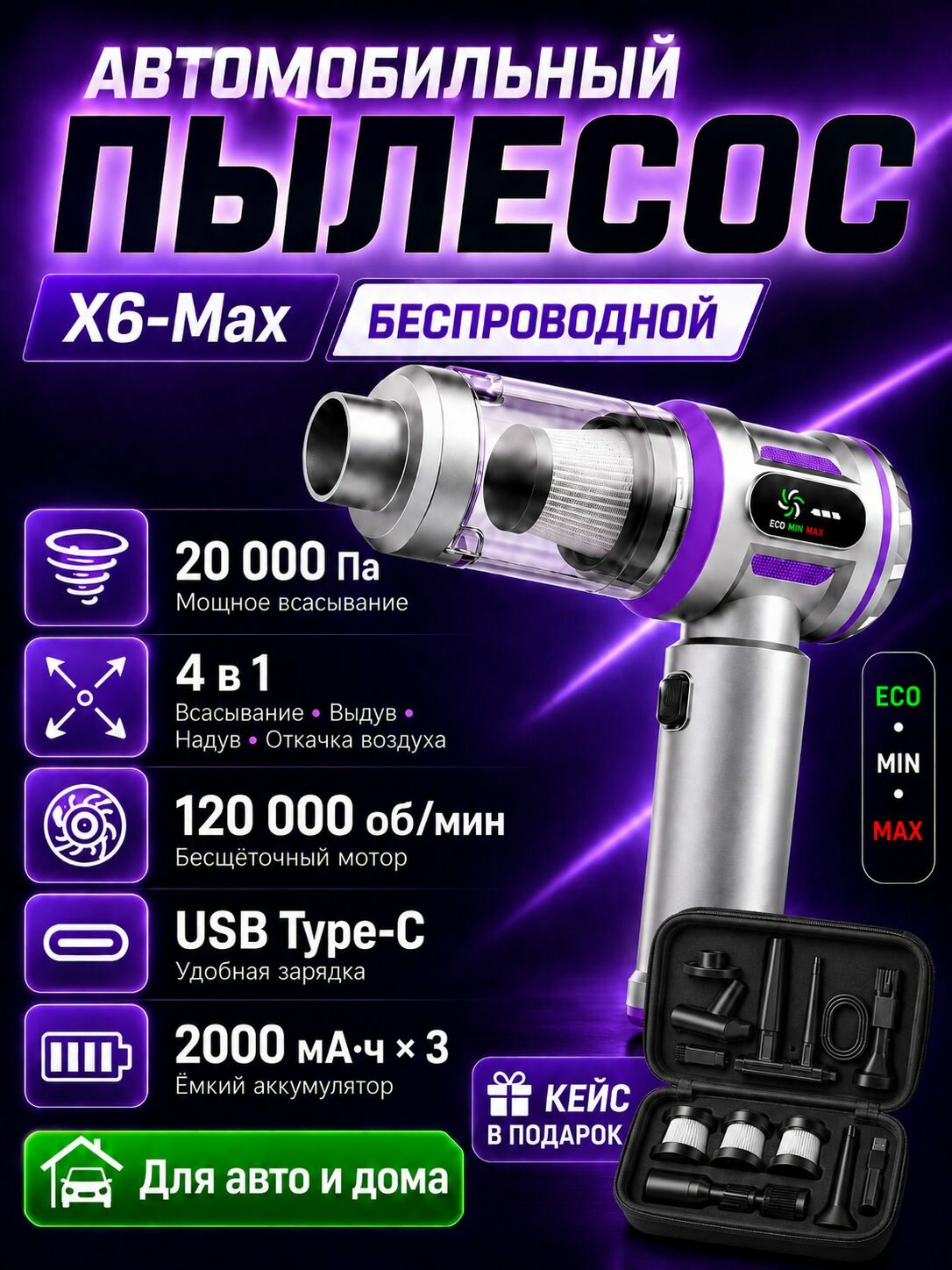 Автопылесос беспроводной многофункциональный, для салона и дома, с функцией надува с надувом для автомобиля и дома