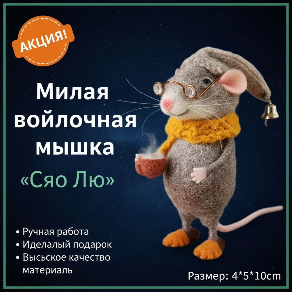 Милая мышка , войлочная игрушка ручной работы, кукла из хлопка, мягкий плюшевый талисман