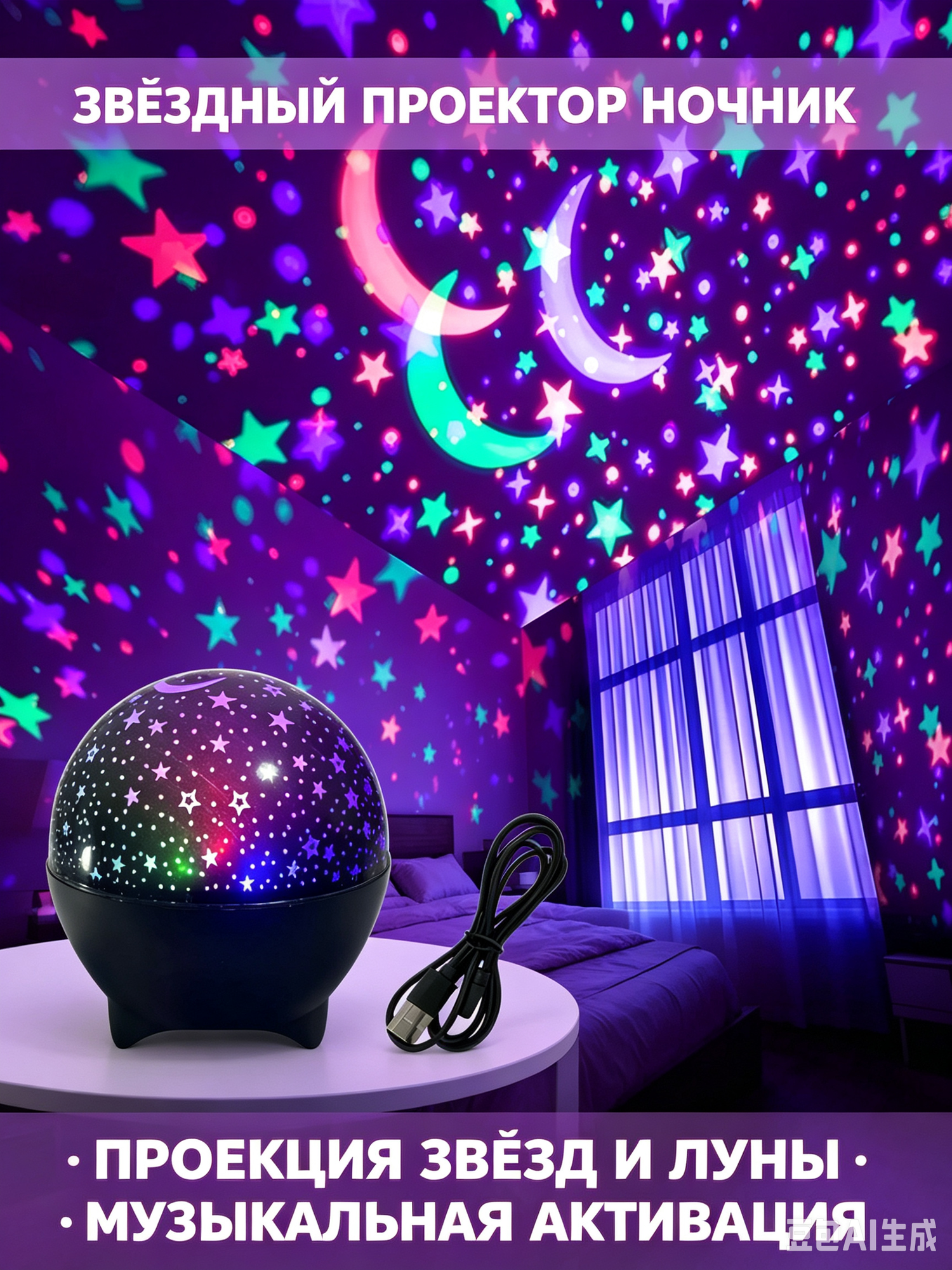 Проектор-ночник 3D с Северным сиянием и водными волнами, с пультом ДУ, USB