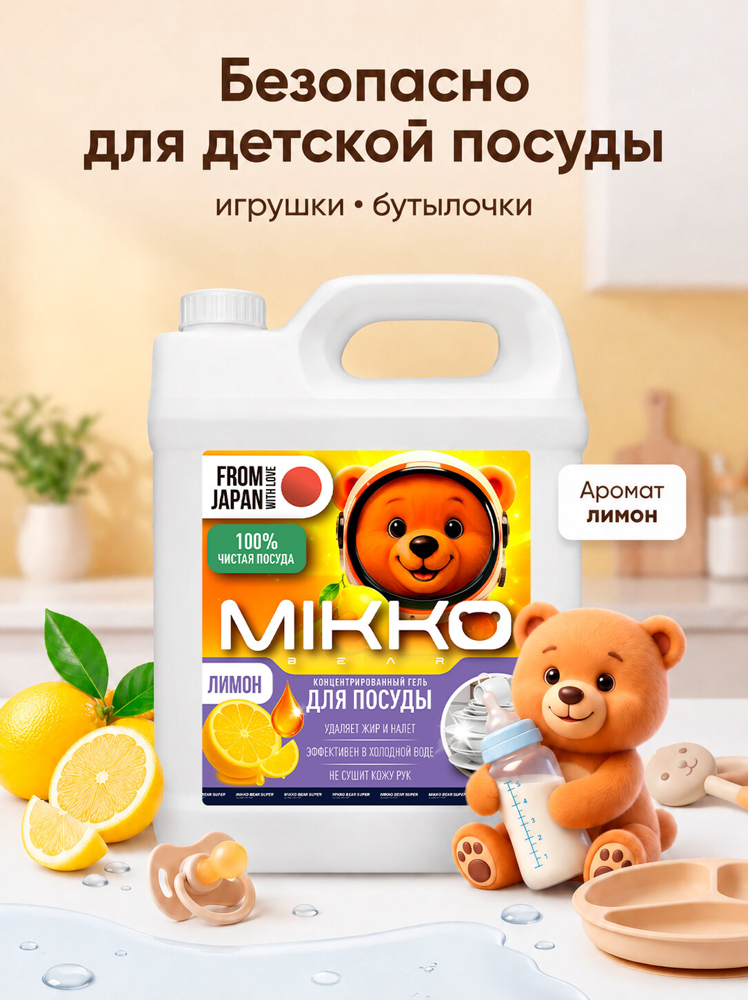 Моющее средство для ручного мытья посуды против жира, гипоаллергенный эко гель для мытья посуды, MIKKO BEAR Лимон
