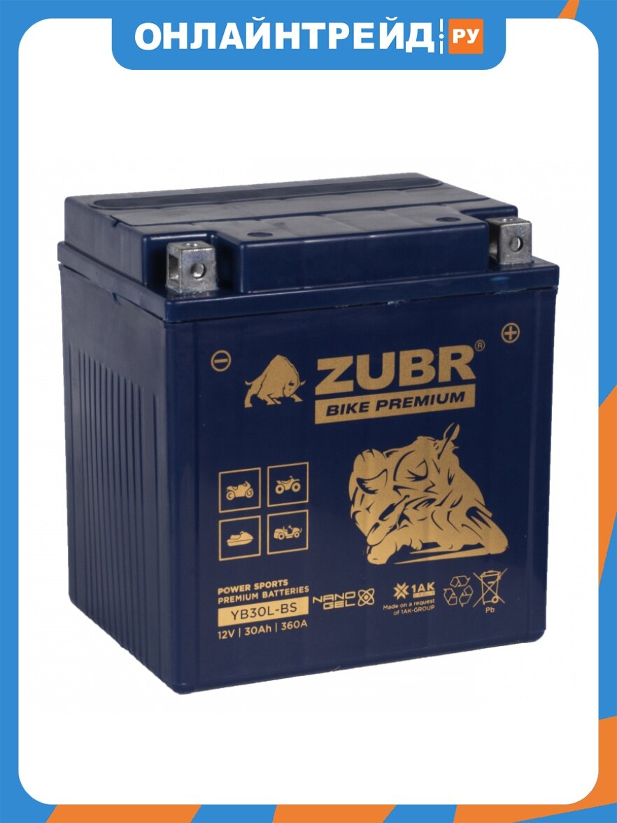 Аккумулятор Zubr Bike Premium, 168x127x176, обратная полярность, 30 Ач, YB30L-BS (Prem)