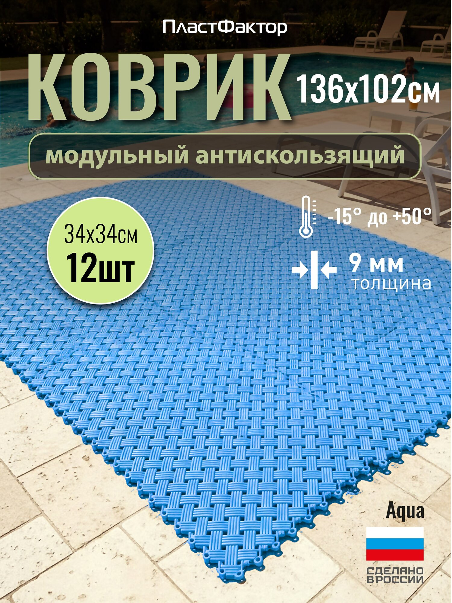 Антискользящий коврик Aqua, 12 модулей, голубой - для влажных зон: ванная, баня, бассейн, сауна