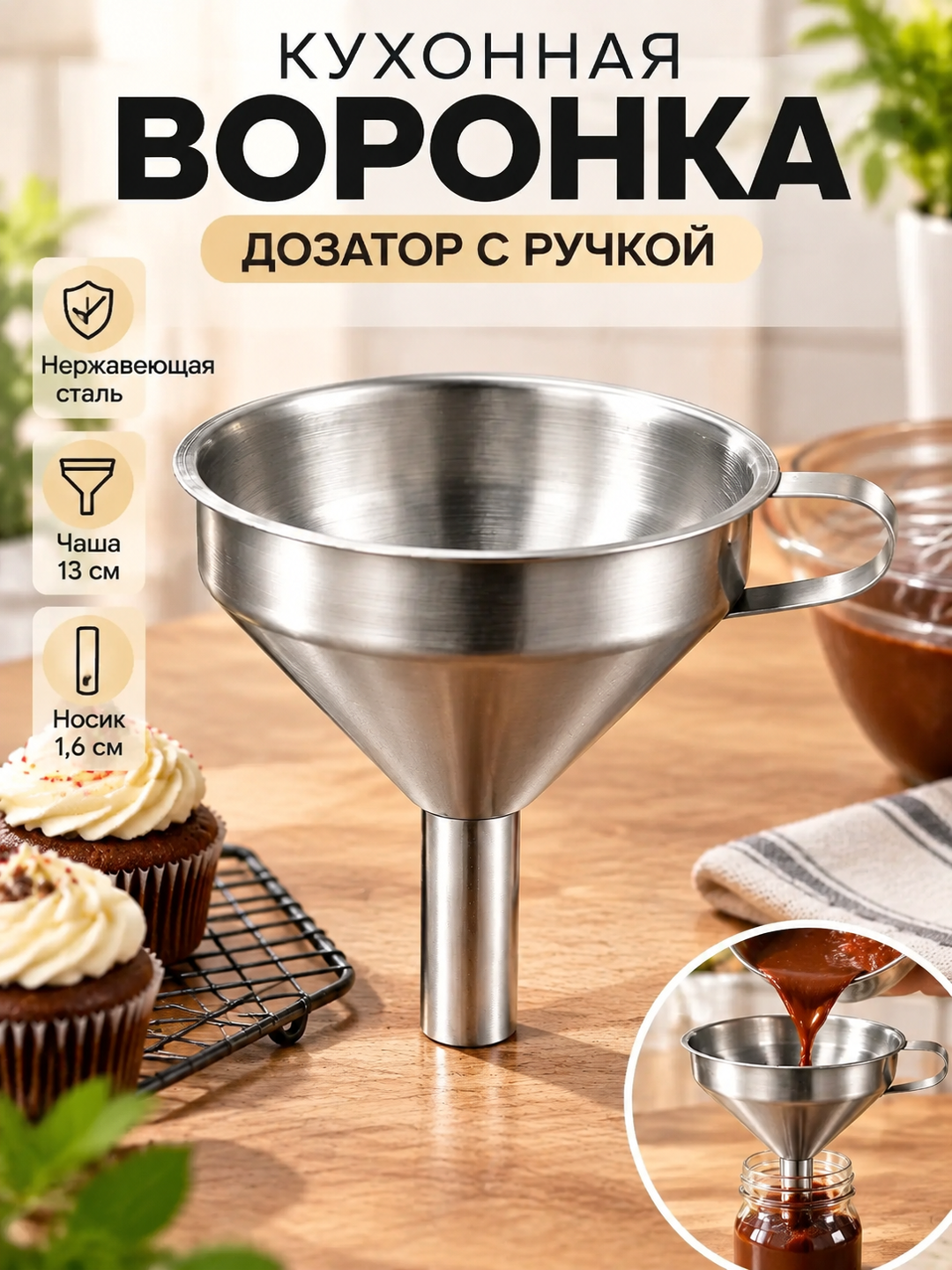 Кухонная воронка-дозатор с ручкой, чаша 13 см, носик 1,6 см, 1 шт