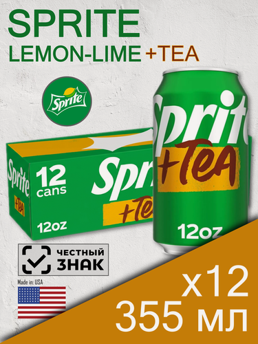 Изображение товара Sprite Lemon-Lime+Tea, 0.355 л, 12 шт, банка (газированный напиток Спрайт Лимон-лайм и Чай, США)
