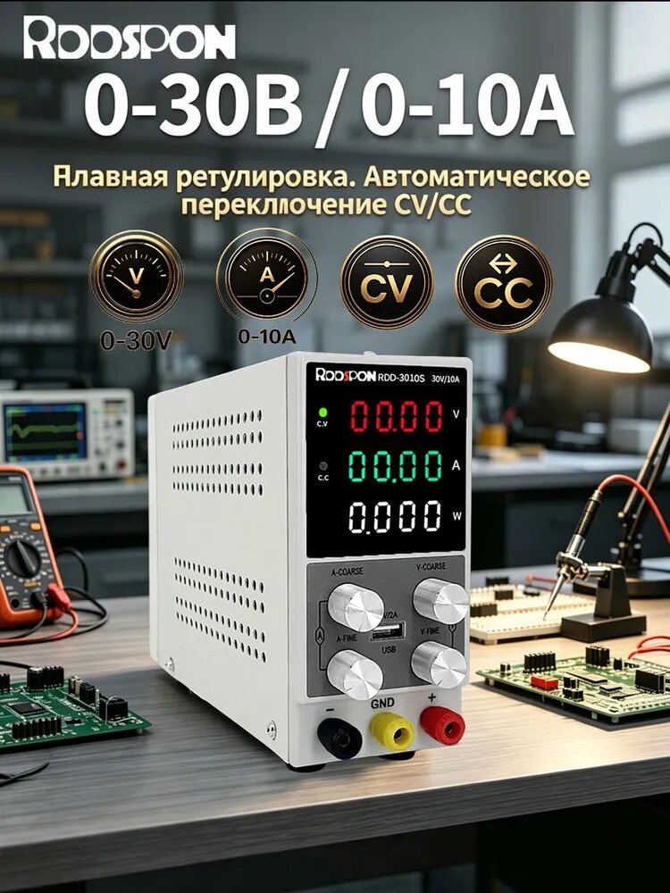 Лабораторный блок питания, 30 В, 10 А, функция быстрой зарядки через USB Type-C, 4-разрядный светодиодный дисплей
