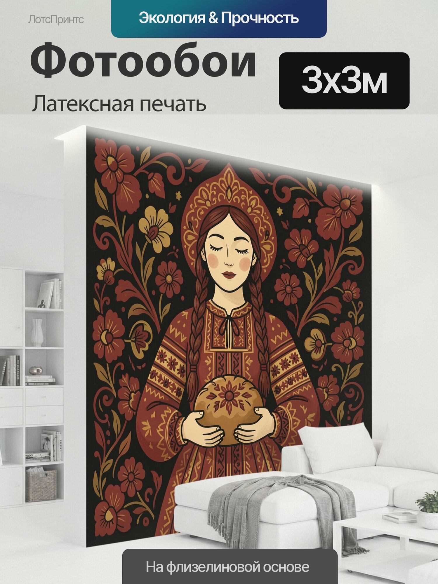 Фотообои моющиеся ударопрочные "Девушка в русском народном костюме. Славянская красавица с косами и караваем, в узорном традиционном платье и." 300x300 см. латексная печать