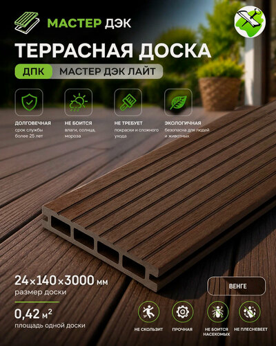 Изображение товара Мастер ДЭК Лайт террасная доска из ДПК 24х140х3000 мм венге (1шт= 0,42 кв. м.)